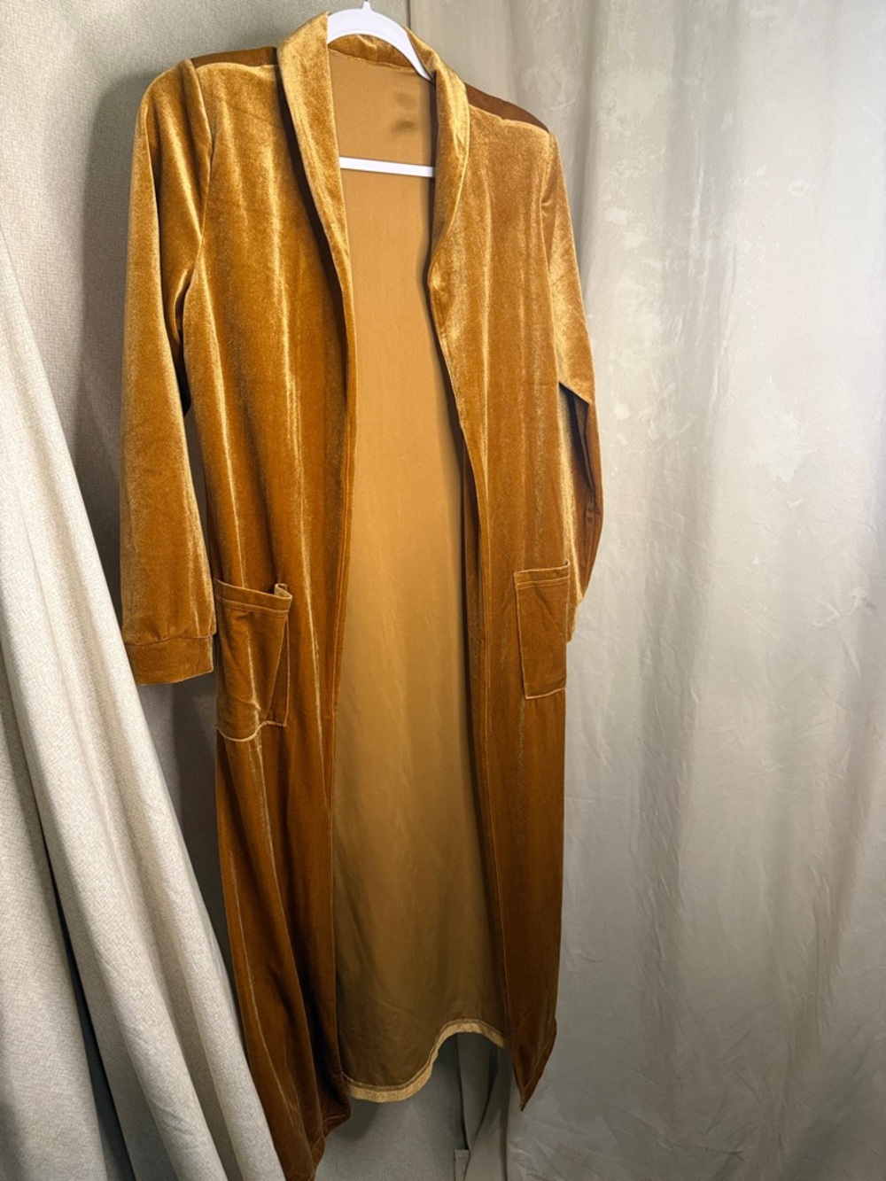 Long Velvet Duster Coatigan in Rich Mustard